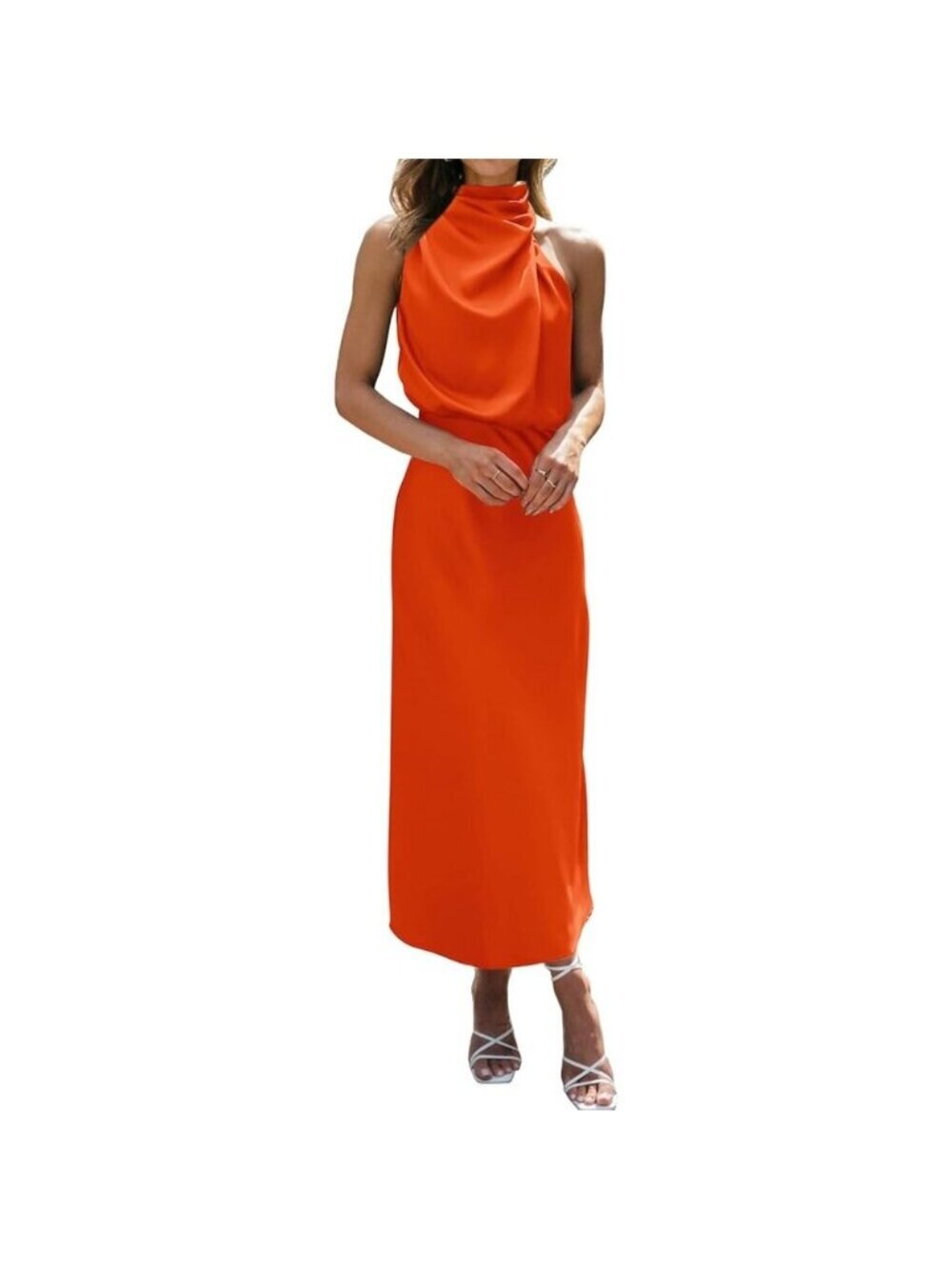 Women's Orange Cocktail Dressess for Satin Silk Sleeveless High Waist Maxi